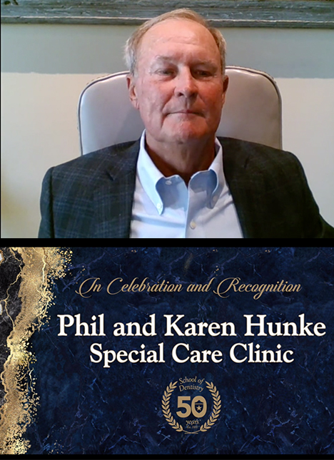 Phil Hunke, DDS, announces his and wife Karen's gift of $500,000 towards new Special Care Clinic, named in their honor.