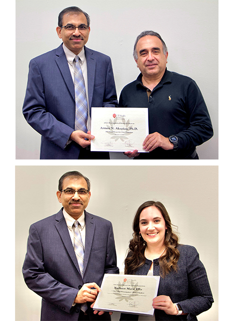 Top photo: Distinguished Research Mentor Award, Armen N. Akopian, PhD (right) with Dr. Brij B. Singh</p>Bottom photo: Oral Presentations 1st place winner Dental Student Category, Kathryn Marie Ellis (right) with Dr. Brij B. Singh
